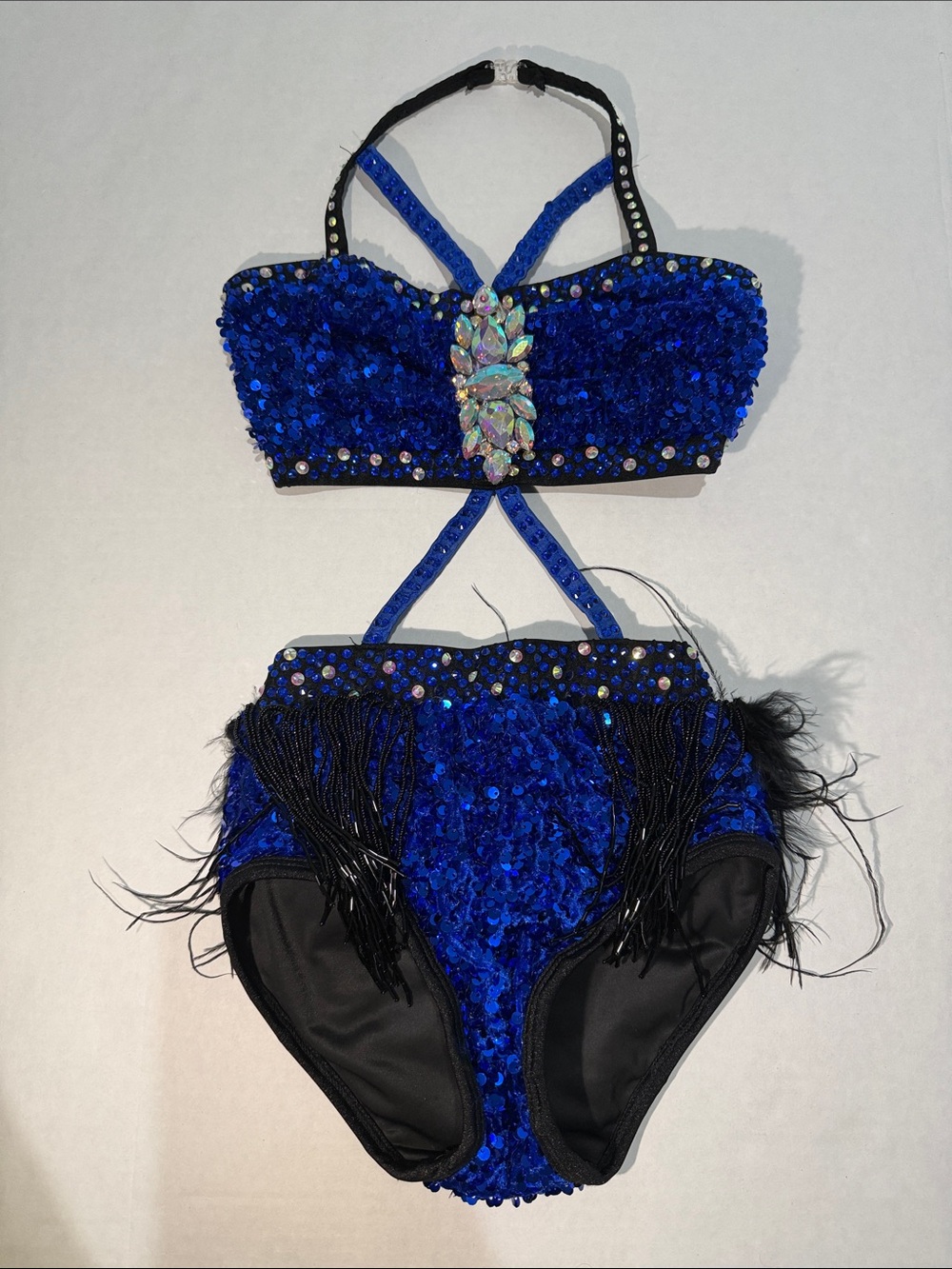 Glamour Costumes Girls Blue Sequin Dance Costume with Feather Trim
